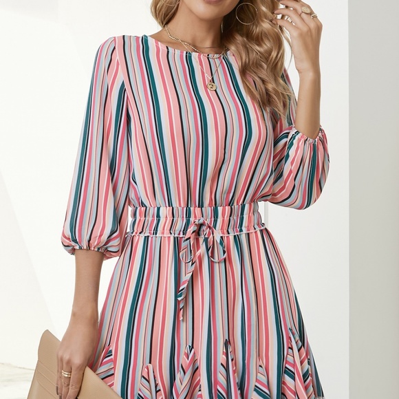 Striped Drawstring Waist Three-Quarter Sleeve Mini Dress - Picture 1 of 5